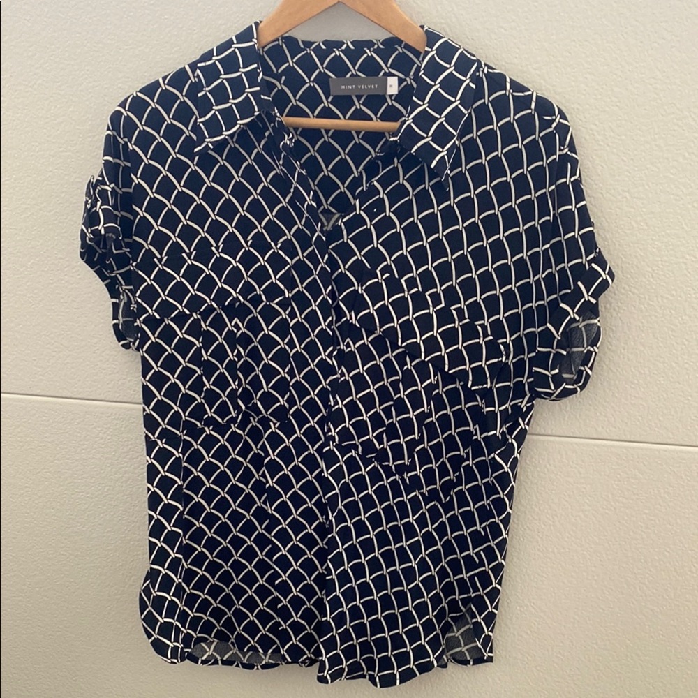 Navy and White Geometric Patterned Blouse